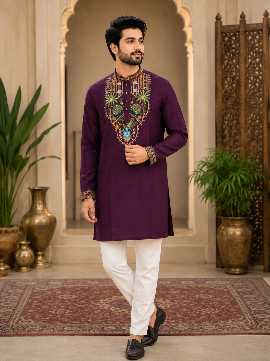 Rajora Regal Peacock Kurta with Print of krishna