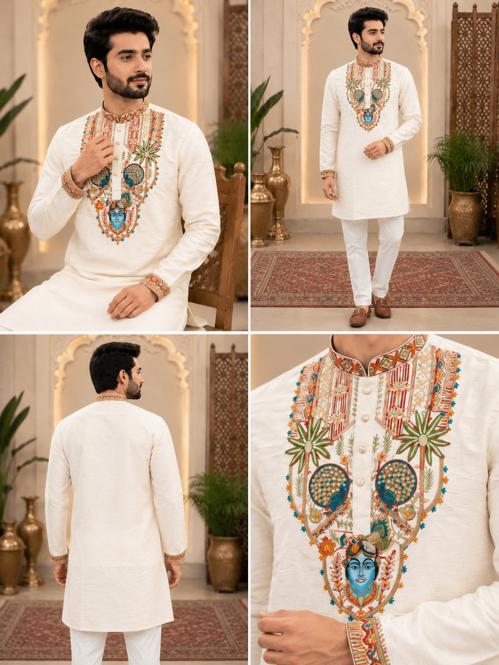 Rajora Regal Peacock Kurta with print of krishna