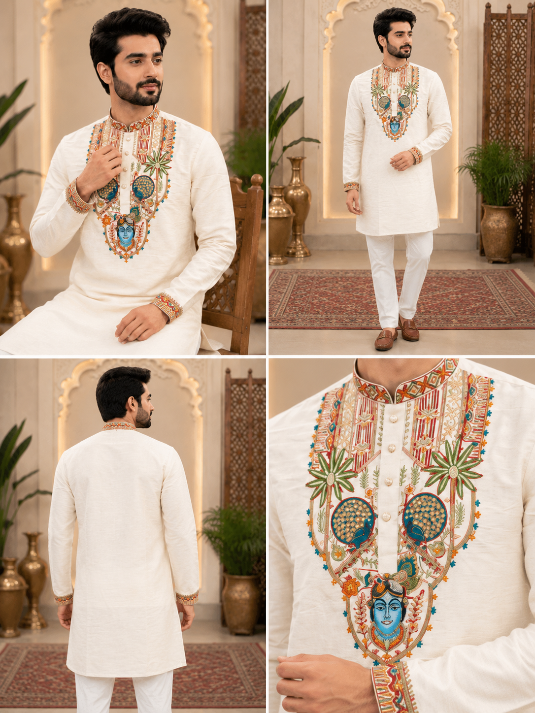 Rajora Regal Peacock Kurta with print of krishna