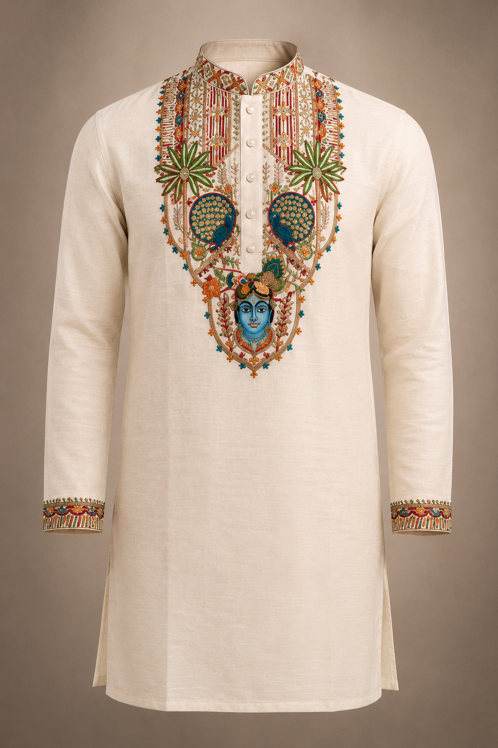 Rajora Regal Peacock Kurta with print of krishna