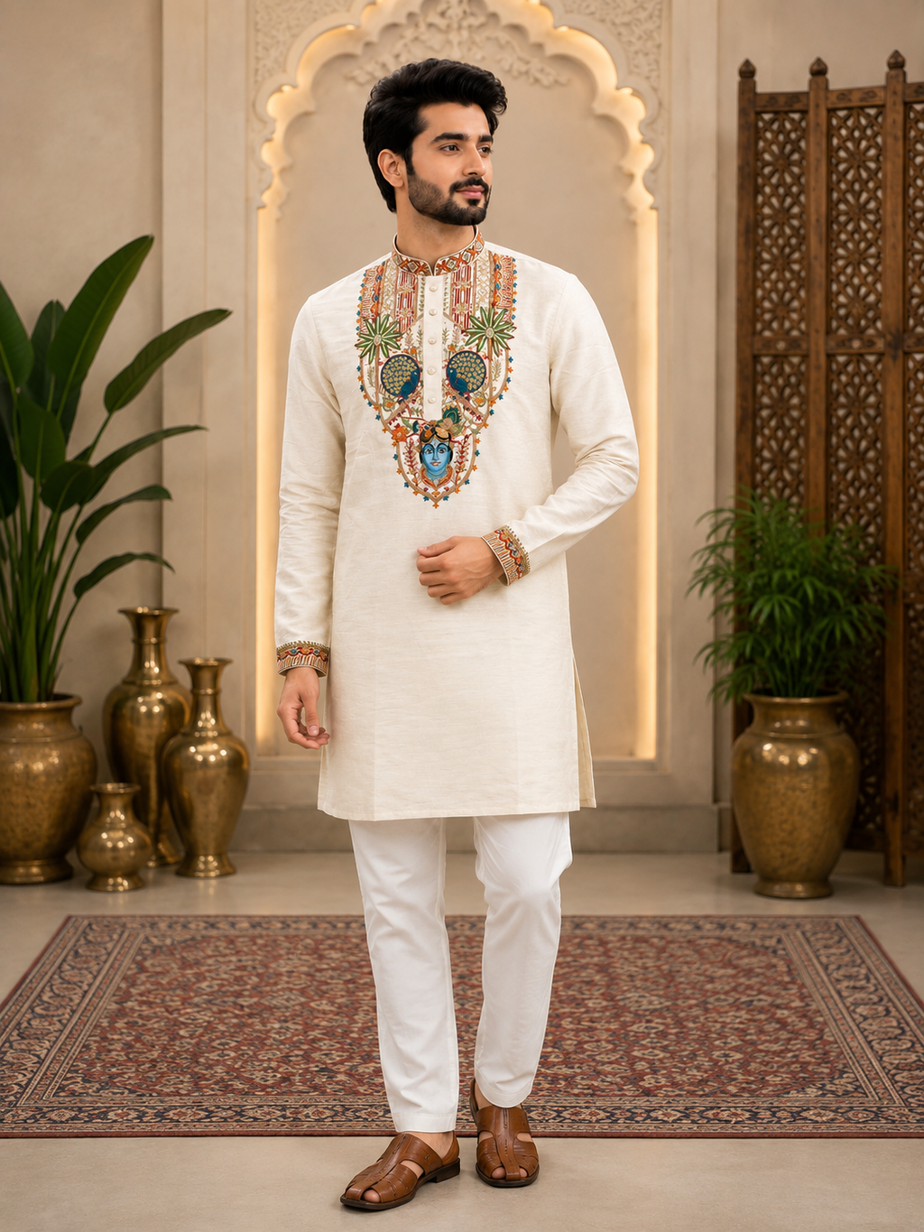 Rajora Regal Peacock Kurta with print of krishna