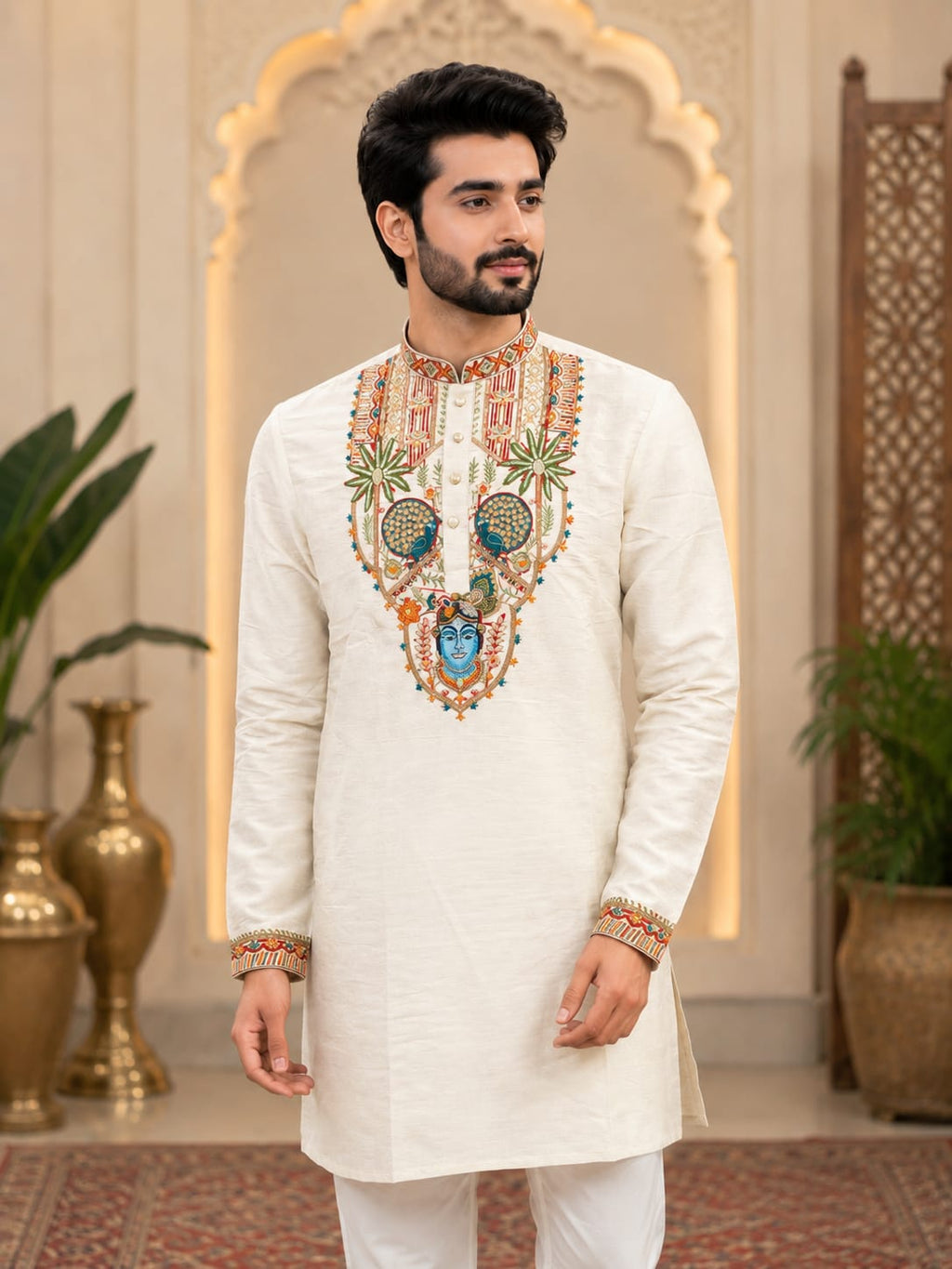 Rajora Regal Peacock Kurta with print of krishna