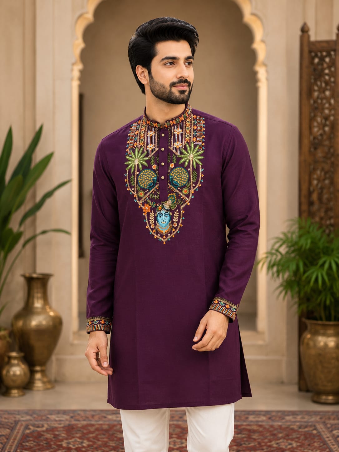 Rajora Regal Peacock Kurta with Print of krishna